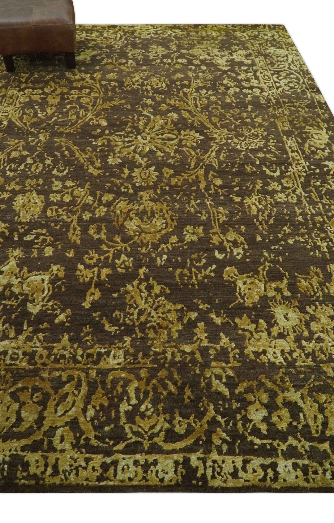 Floral Premium look Gold and Brown Hand Knotted 6x9 wool and art silk Area Rug - The Rug Decor