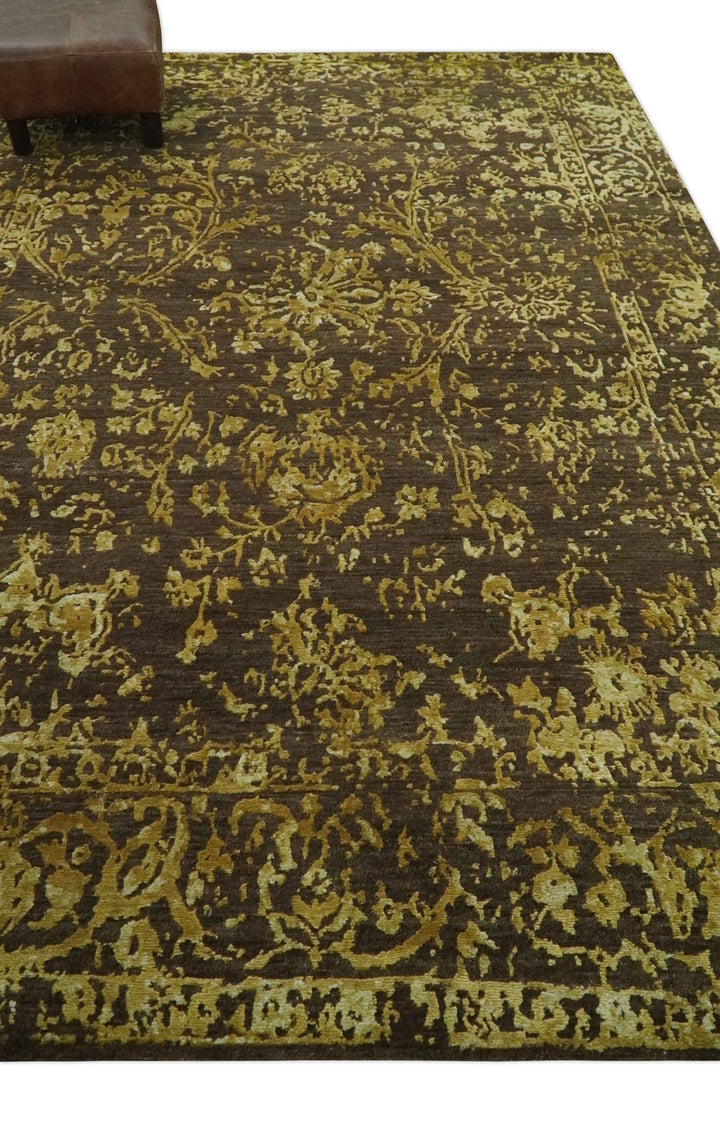 Floral Premium look Gold and Brown Hand Knotted 6x9 wool and art silk Area Rug - The Rug Decor