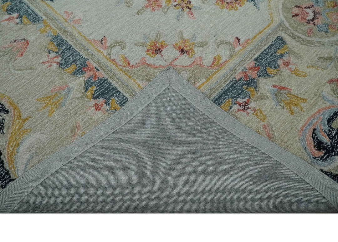 French Design Aubusson Custom Made Ivory, Light Green and Charcoal Hand Tufted wool Area Rug - The Rug Decor