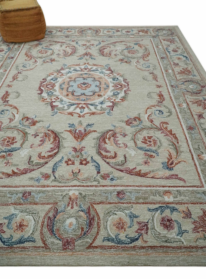 French Inspired Aubusson design Custom Made Beige, Brown and Blue Hand Tufted wool Area Rug - The Rug Decor