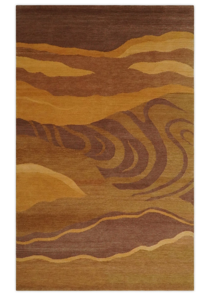 Gold, Rust and Brown Modern abstract 5x8 Handloom Wool Area Rug - The Rug Decor