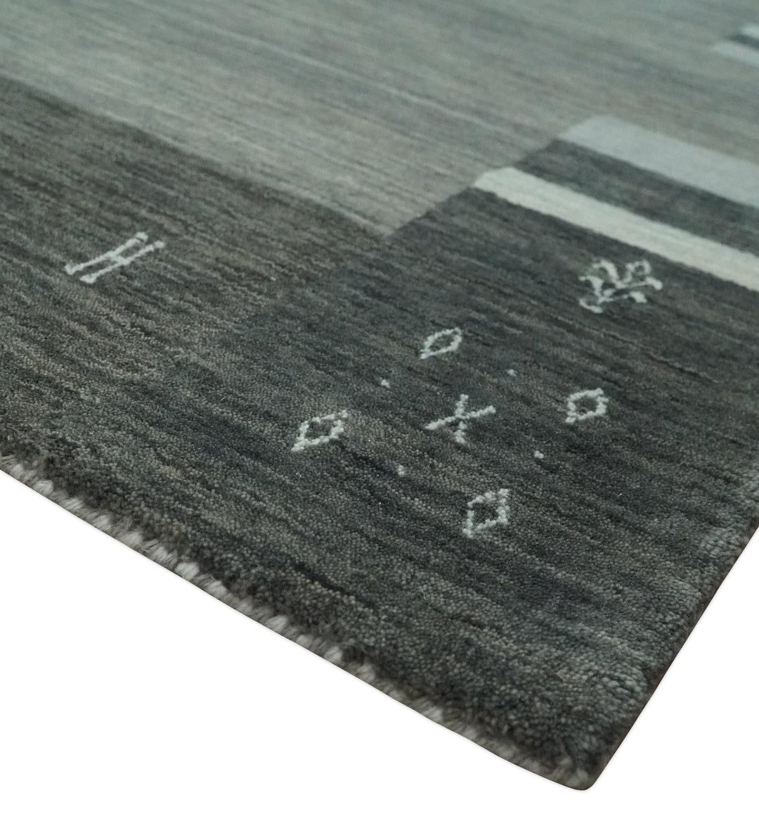 Gray, Charcoal and Ivory with Striped Wool Hand Woven Southwestern Lori Gabbeh Rug| KNT27 - The Rug Decor