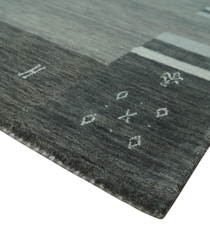 Gray, Charcoal and Ivory with Striped Wool Hand Woven Southwestern Lori Gabbeh Rug| KNT27 - The Rug Decor