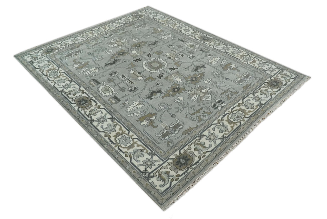 Gray, Ivory, Olive and Charcoal Hand Knotted Medallion 8x10 Traditional Oushak wool Area Rug - The Rug Decor