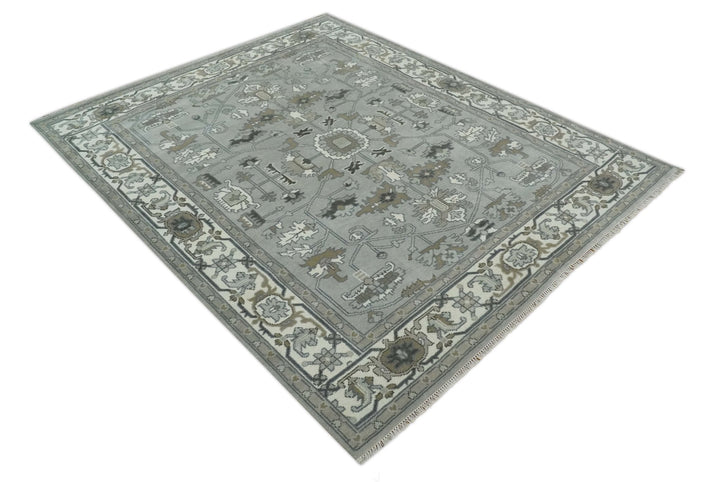 Gray, Ivory, Olive and Charcoal Hand Knotted Medallion 8x10 Traditional Oushak wool Area Rug - The Rug Decor