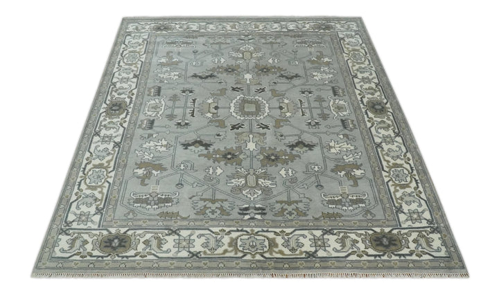 Gray, Ivory, Olive and Charcoal Hand Knotted Medallion 8x10 Traditional Oushak wool Area Rug - The Rug Decor