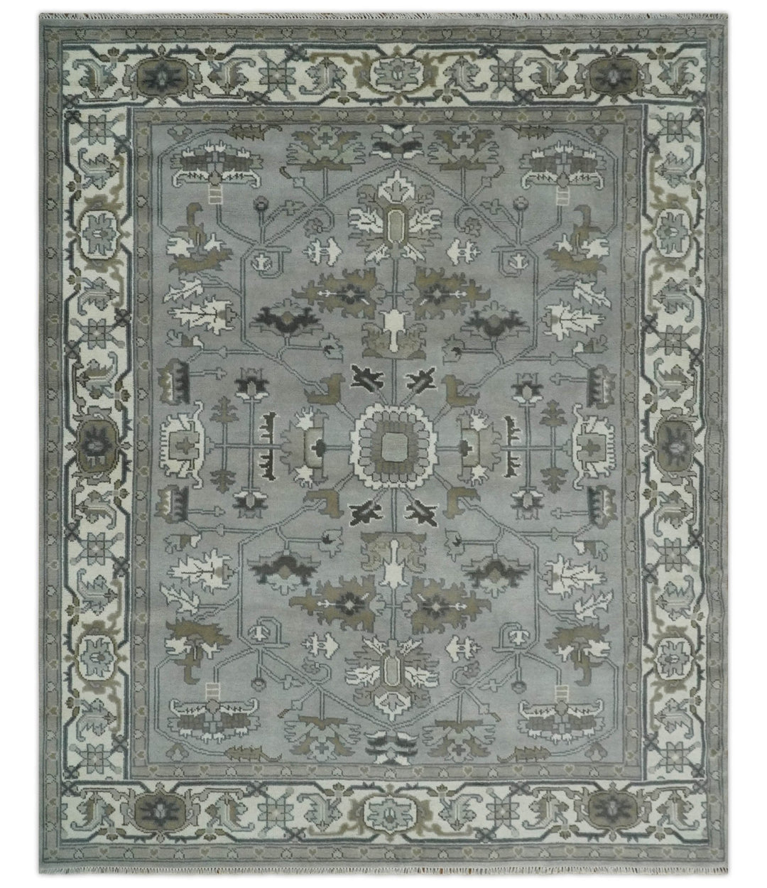 Gray, Ivory, Olive and Charcoal Hand Knotted Medallion 8x10 Traditional Oushak wool Area Rug - The Rug Decor