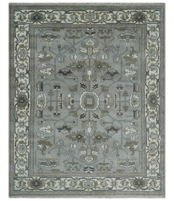 Gray, Ivory, Olive and Charcoal Hand Knotted Medallion 8x10 Traditional Oushak wool Area Rug - The Rug Decor