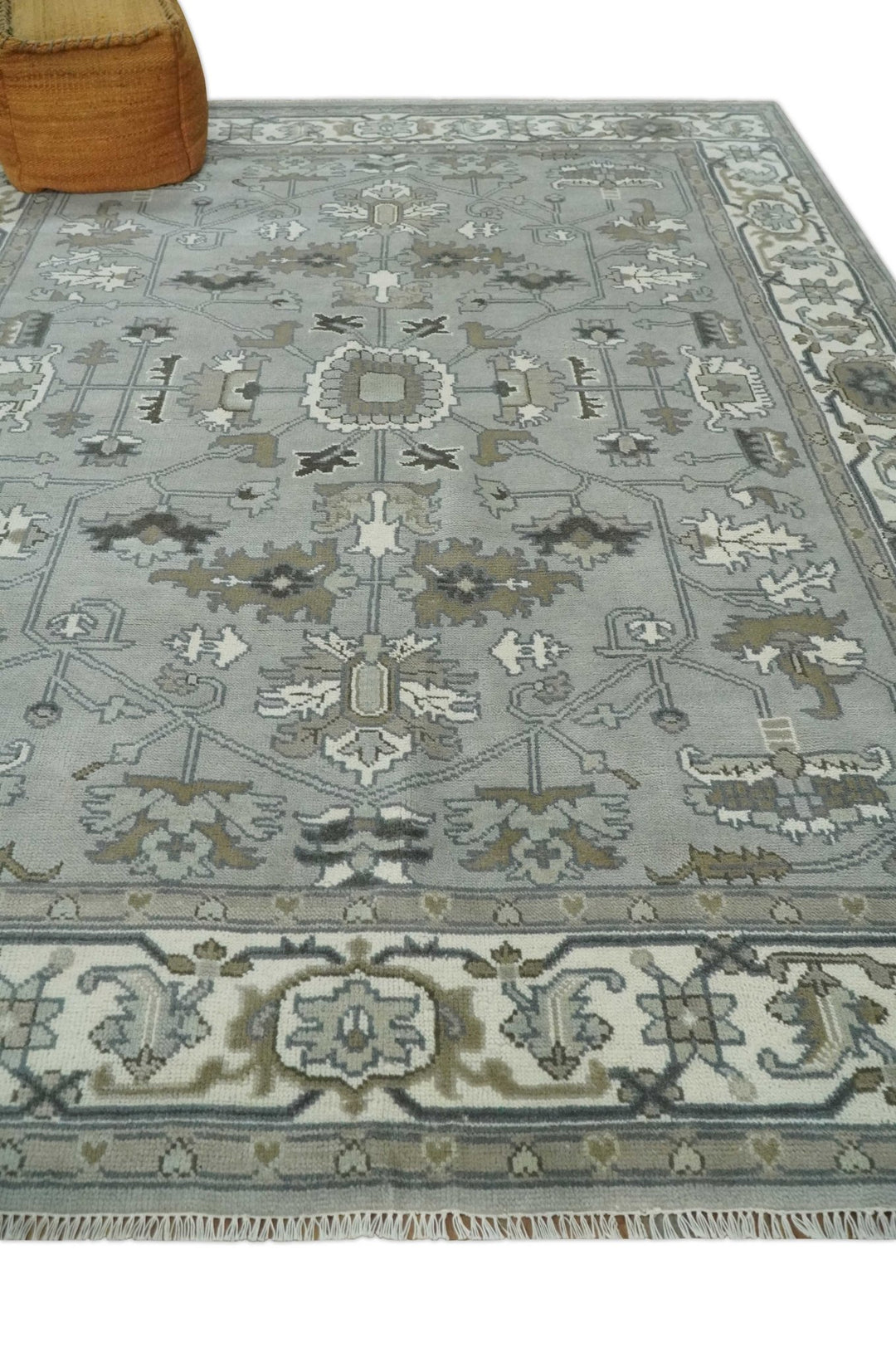 Gray, Ivory, Olive and Charcoal Hand Knotted Medallion 8x10 Traditional Oushak wool Area Rug - The Rug Decor