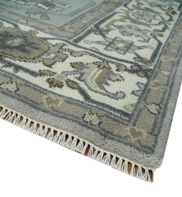 Gray, Ivory, Olive and Charcoal Hand Knotted Medallion 8x10 Traditional Oushak wool Area Rug - The Rug Decor