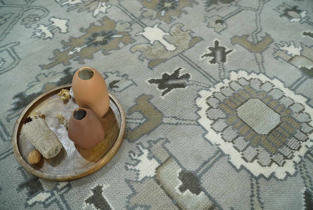 Gray, Ivory, Olive and Charcoal Hand Knotted Medallion 8x10 Traditional Oushak wool Area Rug - The Rug Decor