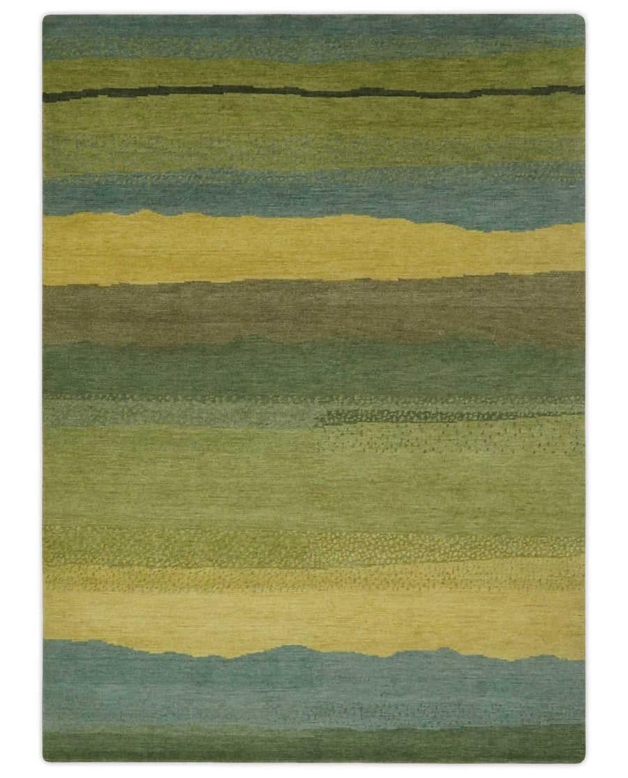 Green, Gold and Teal Modern Stripes Design Hand knotted 6x8 wool Area Rug - The Rug Decor