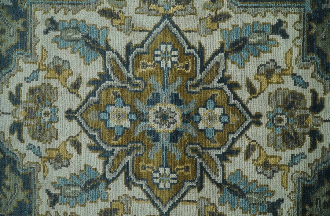 Green, Ivory and Gold Hand Knotted Antique 5x8, 6x9, 8x10, 9x12, 10x14 and 12x15 Brown Traditional Heriz Serapi Wool Rug | TRDCP887912 - The Rug Decor