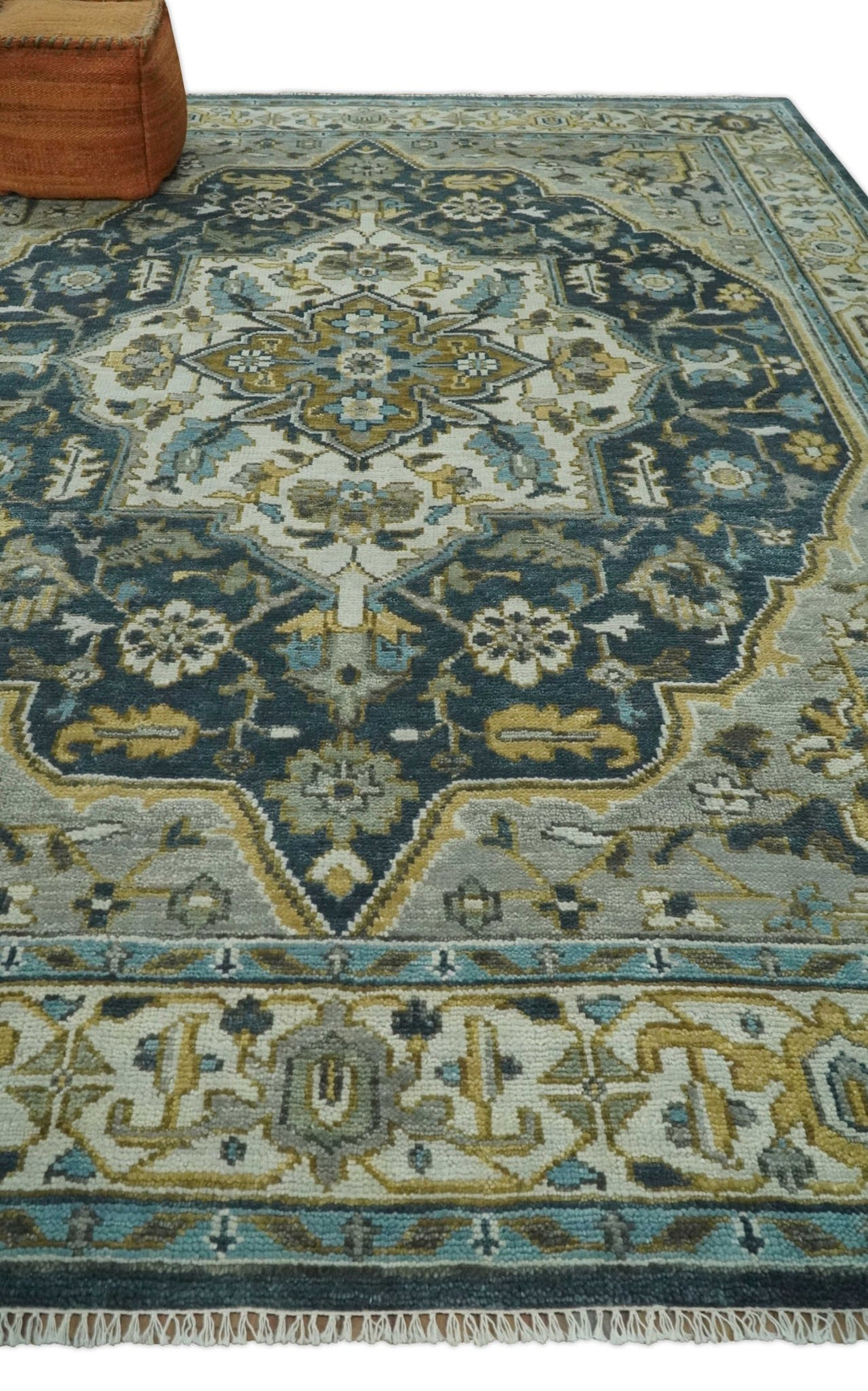 Green, Ivory and Gold Hand Knotted Antique 5x8, 6x9, 8x10, 9x12, 10x14 and 12x15 Brown Traditional Heriz Serapi Wool Rug | TRDCP887912 - The Rug Decor