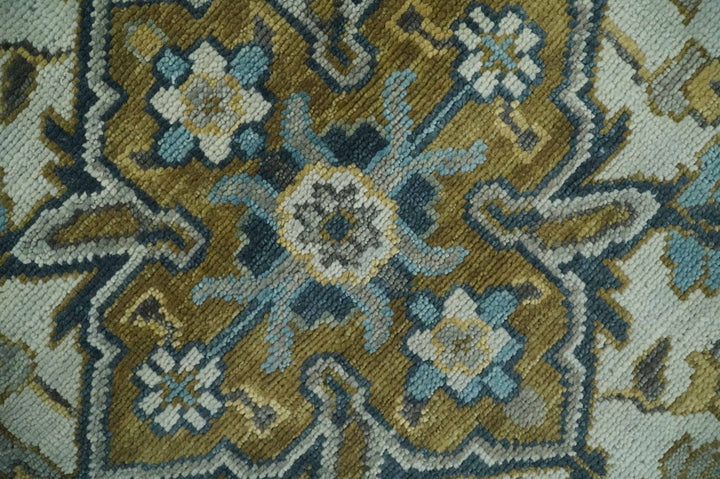 Green, Ivory and Gold Hand Knotted Antique 5x8, 6x9, 8x10, 9x12, 10x14 and 12x15 Brown Traditional Heriz Serapi Wool Rug | TRDCP887912 - The Rug Decor