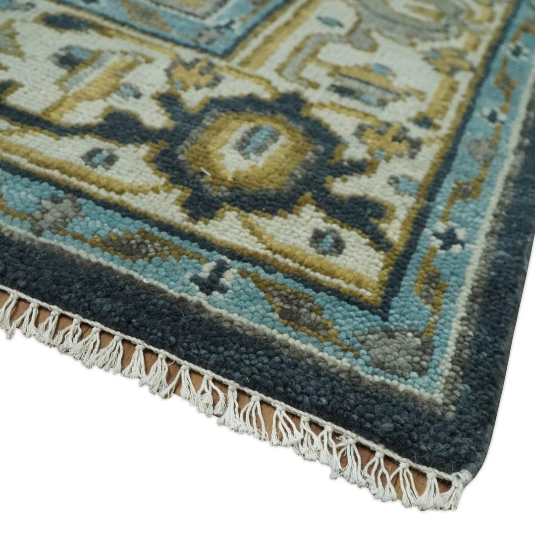 Green, Ivory and Gold Hand Knotted Antique 5x8, 6x9, 8x10, 9x12, 10x14 and 12x15 Brown Traditional Heriz Serapi Wool Rug | TRDCP887912 - The Rug Decor