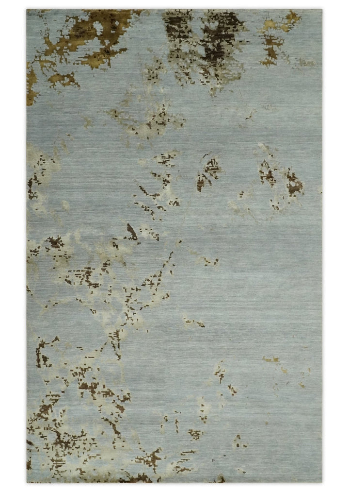 Grey, Charcoal, Olive and Ivory 6x9 Hand Knotted Abstract Wool and Viscose Area Rug - The Rug Decor