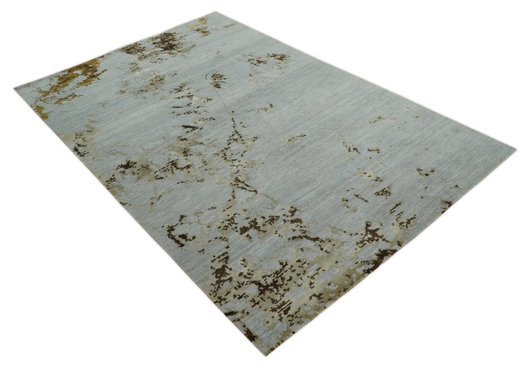 Grey, Charcoal, Olive and Ivory 6x9 Hand Knotted Abstract Wool and Viscose Area Rug - The Rug Decor