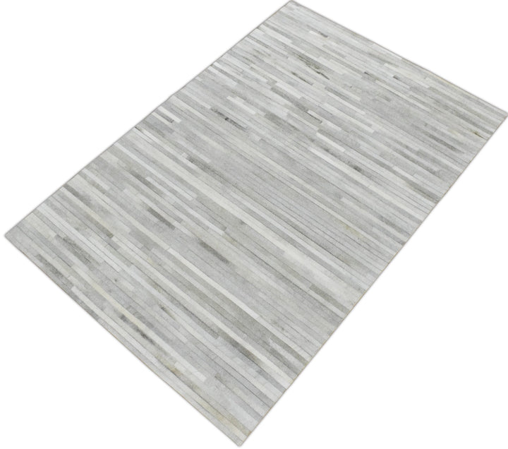 Hair on 5x8 Leather Handmade Ivory and Beige Area Rug, Hand Stitched Genuine Luxury Leather Rug | LR10 - The Rug Decor