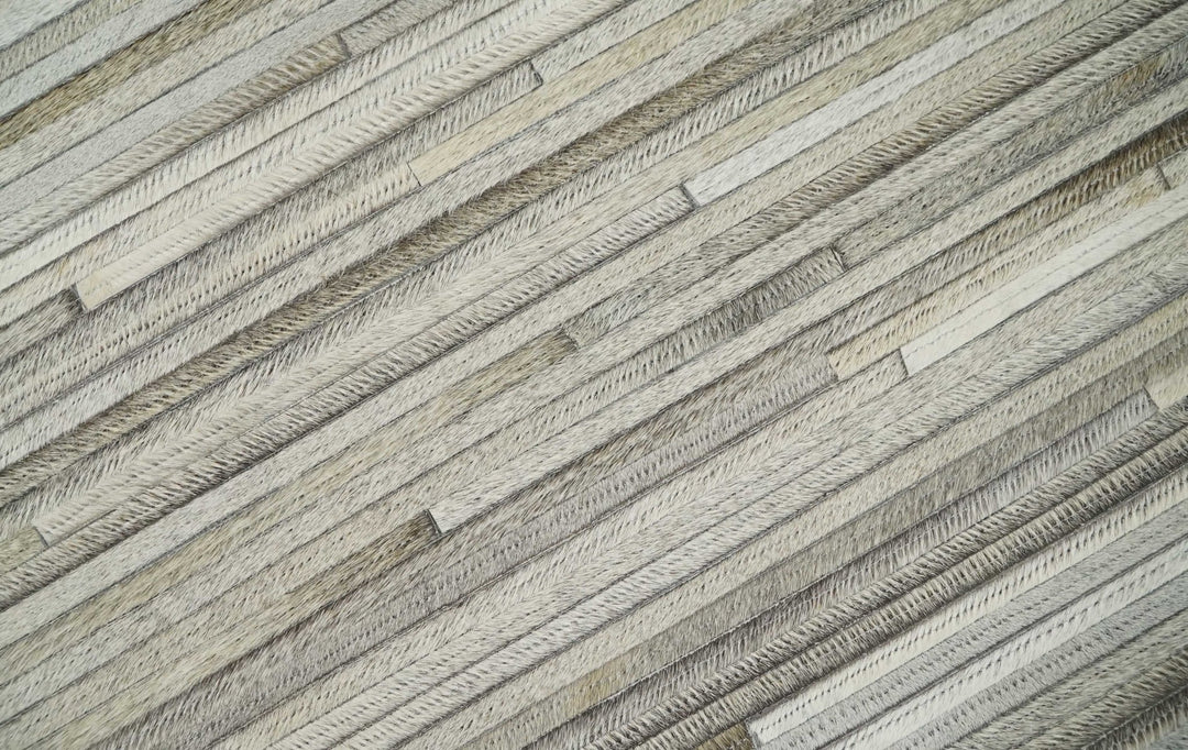 Hairon Leather Stripe Design Handmade Gray and Silver Area Rug, Hand Stitched Genuine Leather Rug - The Rug Decor