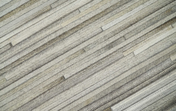 Hairon Leather Stripe Design Handmade Gray and Silver Area Rug, Hand Stitched Genuine Leather Rug - The Rug Decor