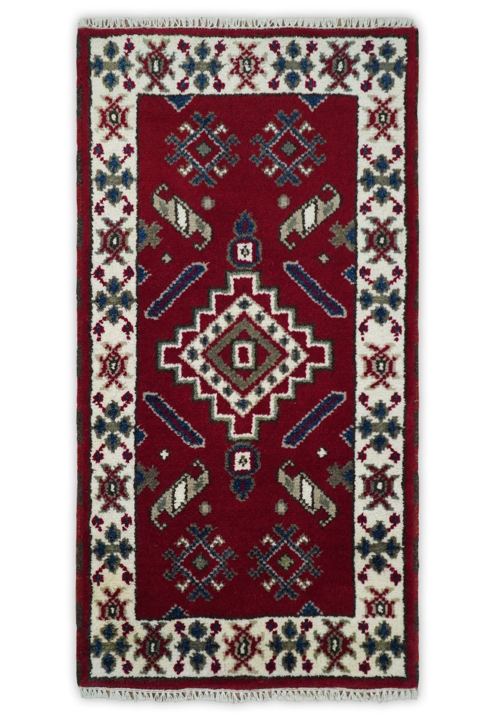 Hallway 2x4 Red and Ivory Wool Hand Knotted traditional Persian Vintage Antique Southwestern Kazak | TRDCP29324 - The Rug Decor