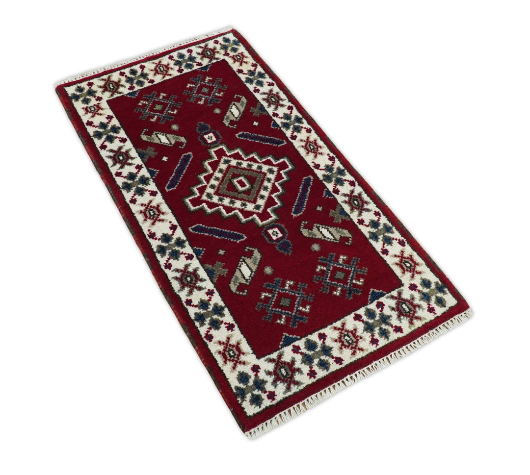 Hallway 2x4 Red and Ivory Wool Hand Knotted traditional Persian Vintage Antique Southwestern Kazak | TRDCP29324 - The Rug Decor