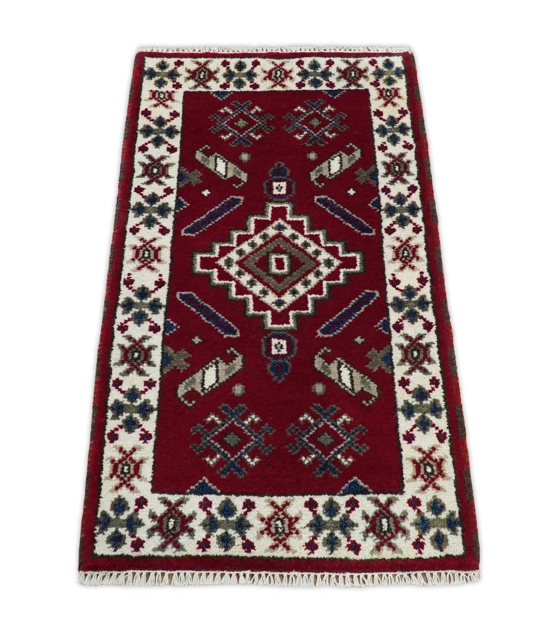 Hallway 2x4 Red and Ivory Wool Hand Knotted traditional Persian Vintage Antique Southwestern Kazak | TRDCP29324 - The Rug Decor