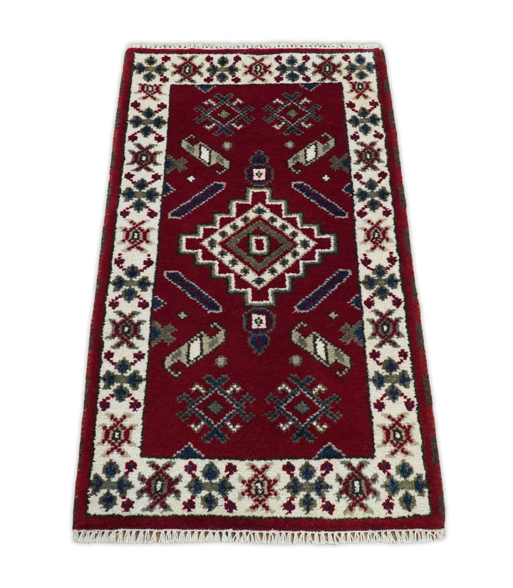 Hallway 2x4 Red and Ivory Wool Hand Knotted traditional Persian Vintage Antique Southwestern Kazak | TRDCP29324 - The Rug Decor