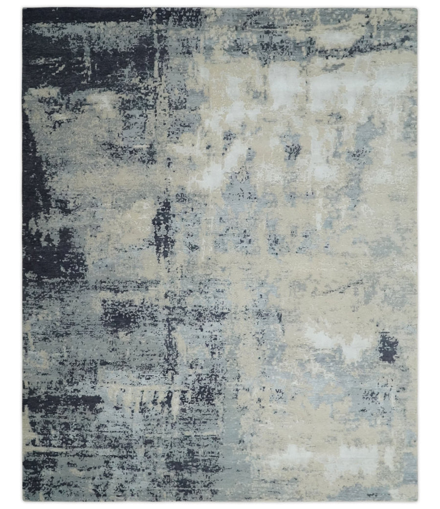 Hand Carved 8x10 Knotted Beige, Silver and Charcoal Modern Abstract Wool And Bamboo Silk Area Rug - The Rug Decor