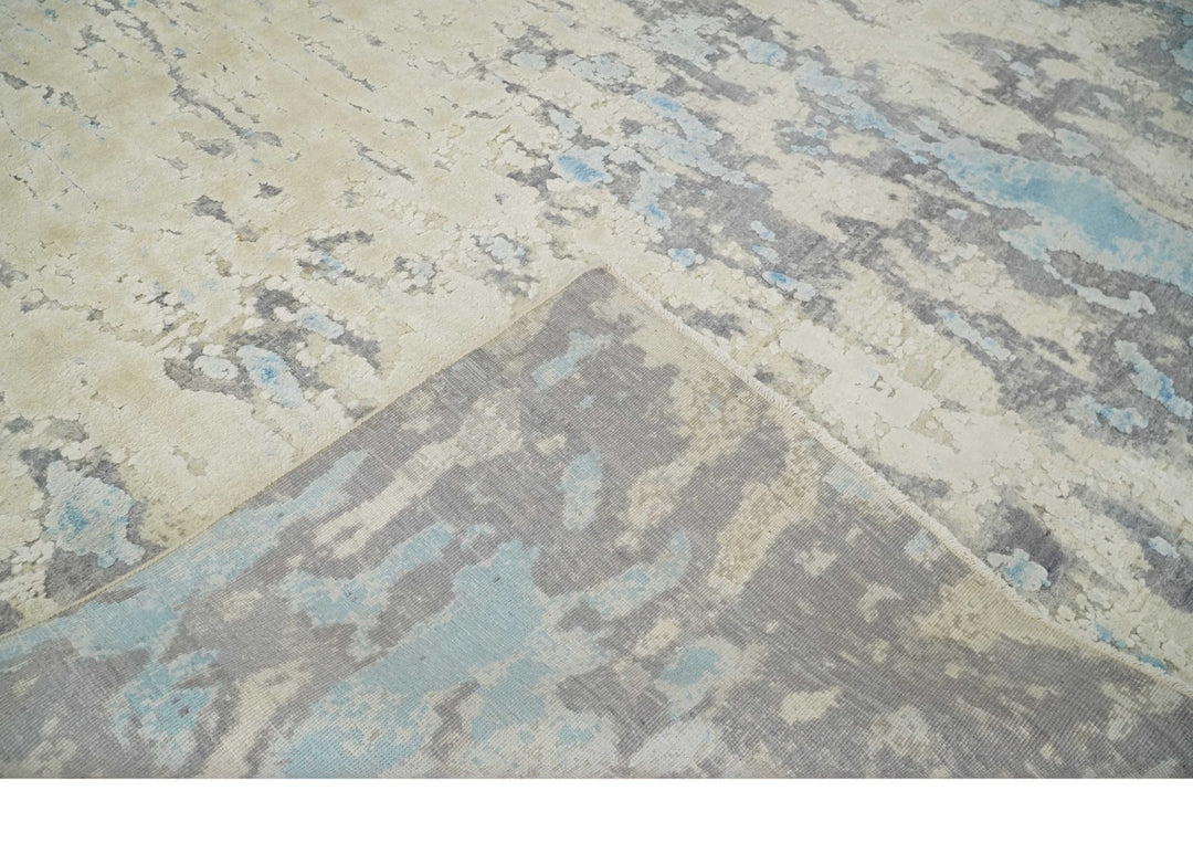 Hand Carved Abstract 8x10 Beige, Charcoal and Blue Hand Knotted Wool and Real Silk Area Rug - The Rug Decor