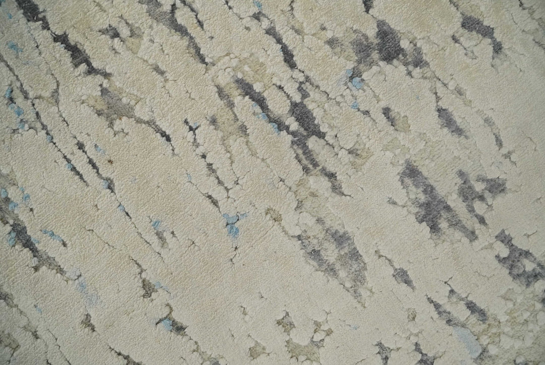 Hand Carved Abstract 8x10 Beige, Charcoal and Blue Hand Knotted Wool and Real Silk Area Rug - The Rug Decor