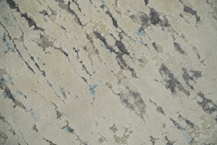 Hand Carved Abstract 8x10 Beige, Charcoal and Blue Hand Knotted Wool and Real Silk Area Rug - The Rug Decor