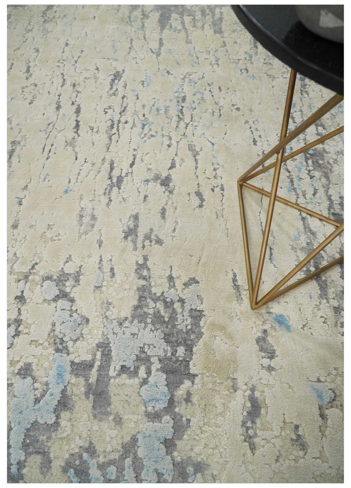Hand Carved Abstract 8x10 Beige, Charcoal and Blue Hand Knotted Wool and Real Silk Area Rug - The Rug Decor