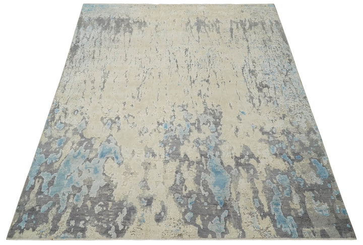 Hand Carved Abstract 8x10 Beige, Charcoal and Blue Hand Knotted Wool and Real Silk Area Rug - The Rug Decor