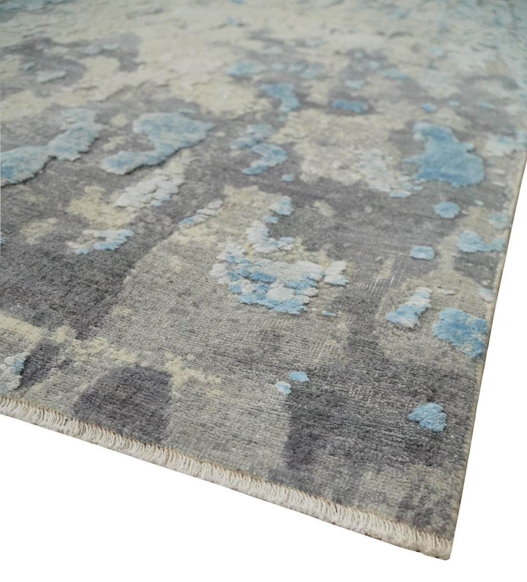 Hand Carved Abstract 8x10 Beige, Charcoal and Blue Hand Knotted Wool and Real Silk Area Rug - The Rug Decor