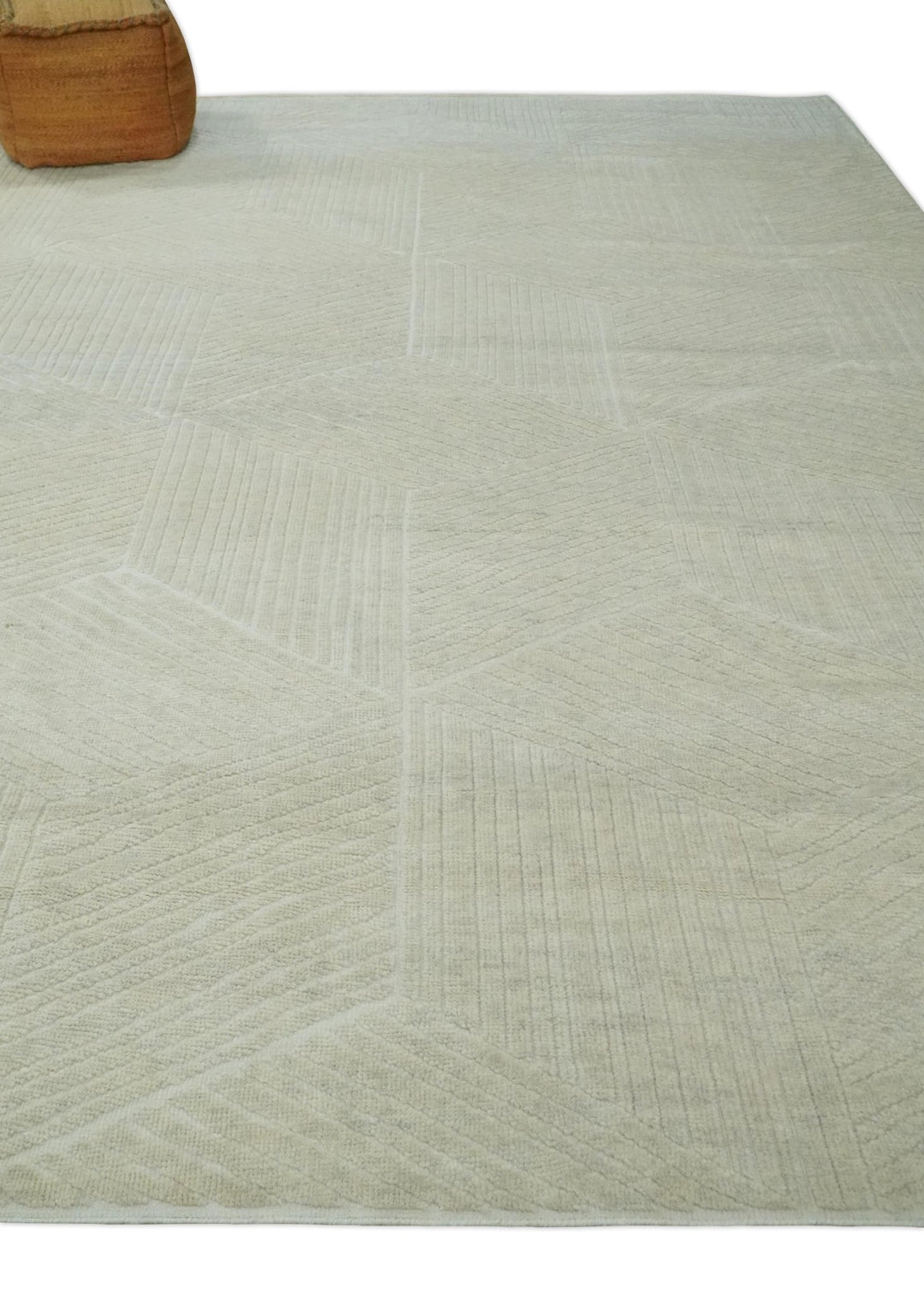 Hand carved Beige Geometrical Stripes Pattern Hand Knotted 9x12 Wool Area Rug - The Rug Decor