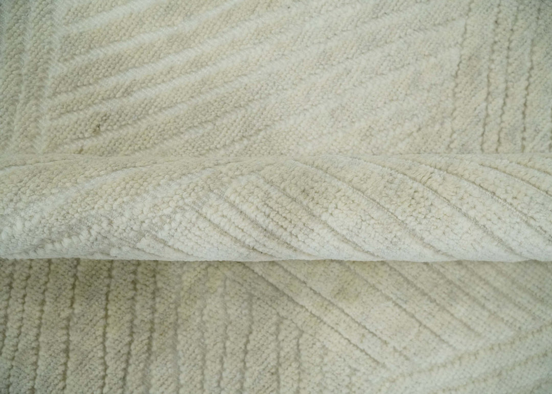Hand carved Beige Geometrical Stripes Pattern Hand Knotted 9x12 Wool Area Rug - The Rug Decor