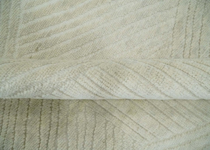 Hand carved Beige Geometrical Stripes Pattern Hand Knotted 9x12 Wool Area Rug - The Rug Decor