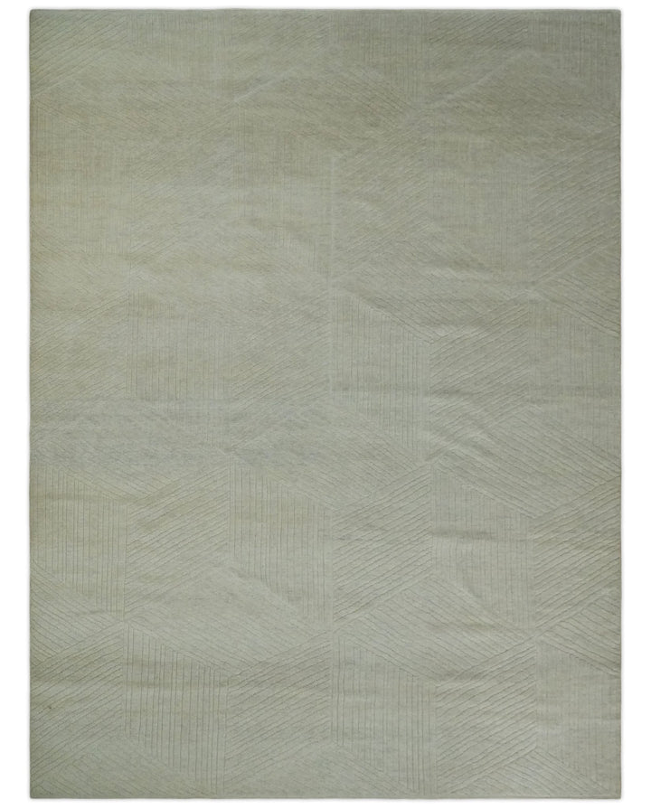 Hand carved Beige Geometrical Stripes Pattern Hand Knotted 9x12 Wool Area Rug - The Rug Decor