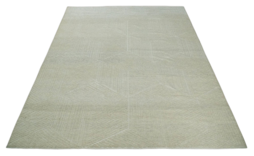 Hand carved Beige Geometrical Stripes Pattern Hand Knotted 9x12 Wool Area Rug - The Rug Decor