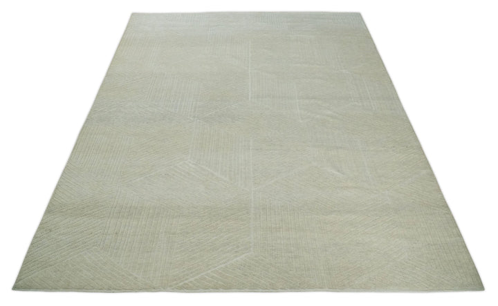 Hand carved Beige Geometrical Stripes Pattern Hand Knotted 9x12 Wool Area Rug - The Rug Decor
