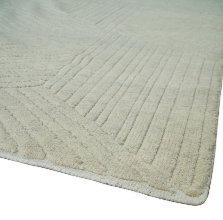 Hand carved Beige Geometrical Stripes Pattern Hand Knotted 9x12 Wool Area Rug - The Rug Decor