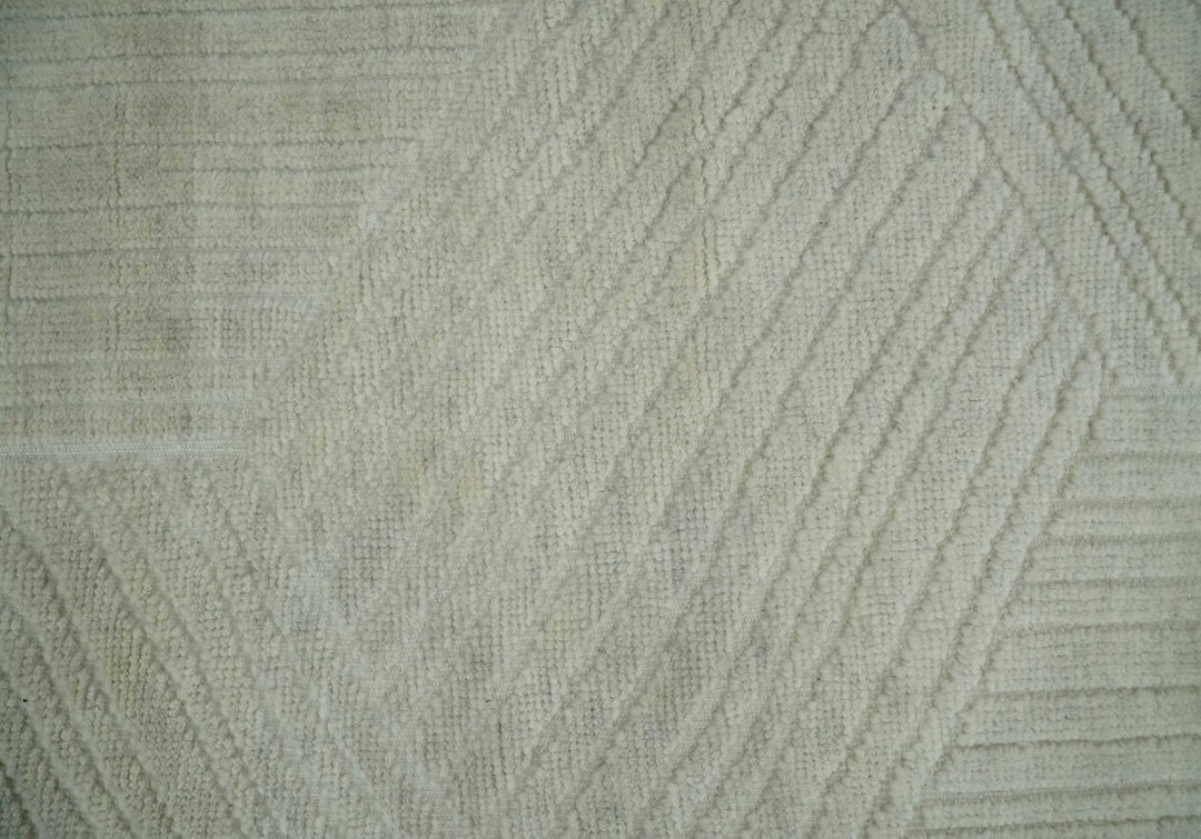Hand carved Beige Geometrical Stripes Pattern Hand Knotted 9x12 Wool Area Rug - The Rug Decor