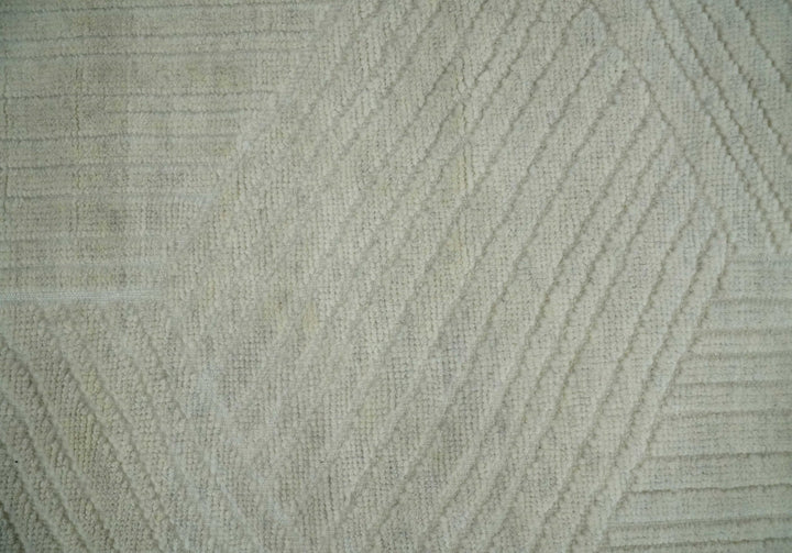 Hand carved Beige Geometrical Stripes Pattern Hand Knotted 9x12 Wool Area Rug - The Rug Decor