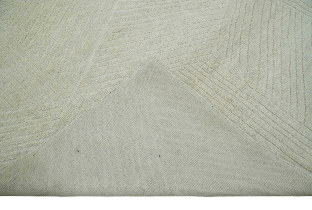 Hand carved Beige Geometrical Stripes Pattern Hand Knotted 9x12 Wool Area Rug - The Rug Decor