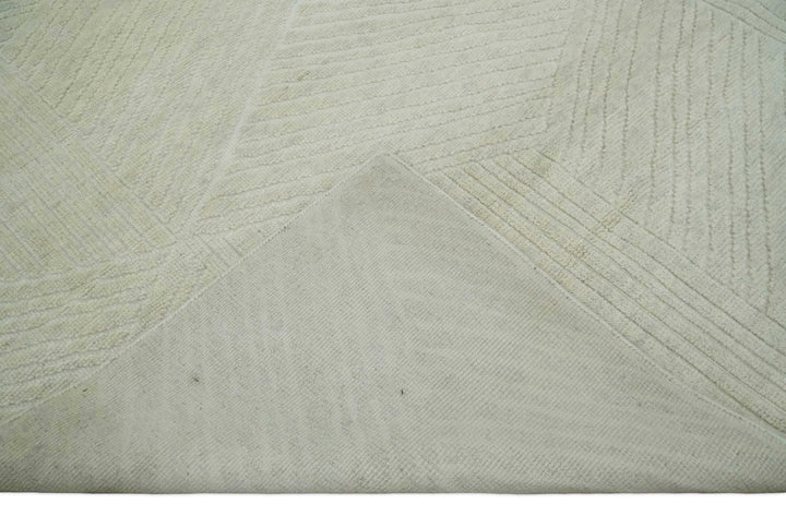 Hand carved Beige Geometrical Stripes Pattern Hand Knotted 9x12 Wool Area Rug - The Rug Decor