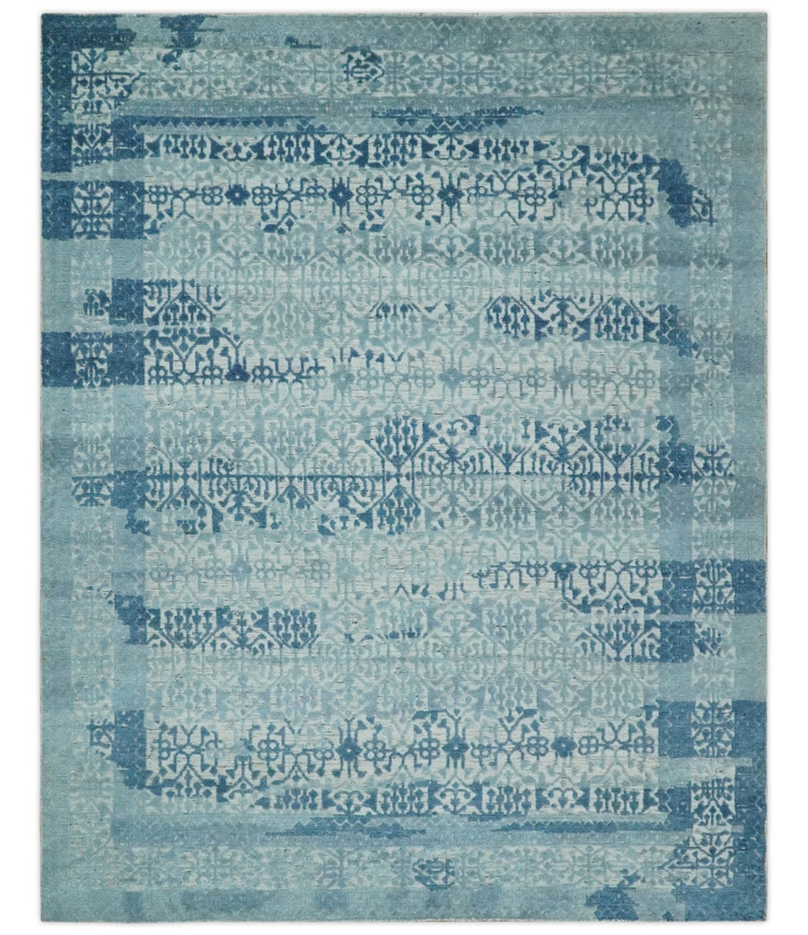Hand carved Design Blue, Gray and silver Traditional Hand knotted 8x10 wool Area Rug - The Rug Decor