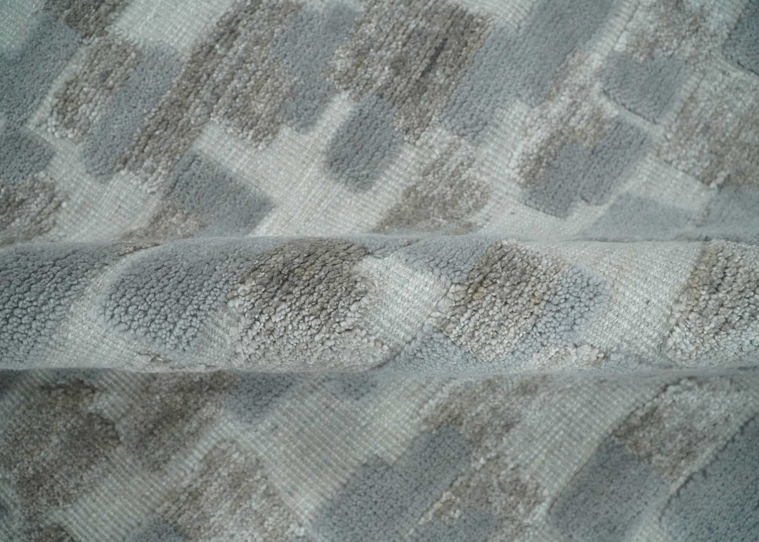 Hand carved Silver, Gray and Brown Traditional Geometrical Pattern Hand Knotted 8x10 and 9x12 Wool and Silk Area Rug - The Rug Decor