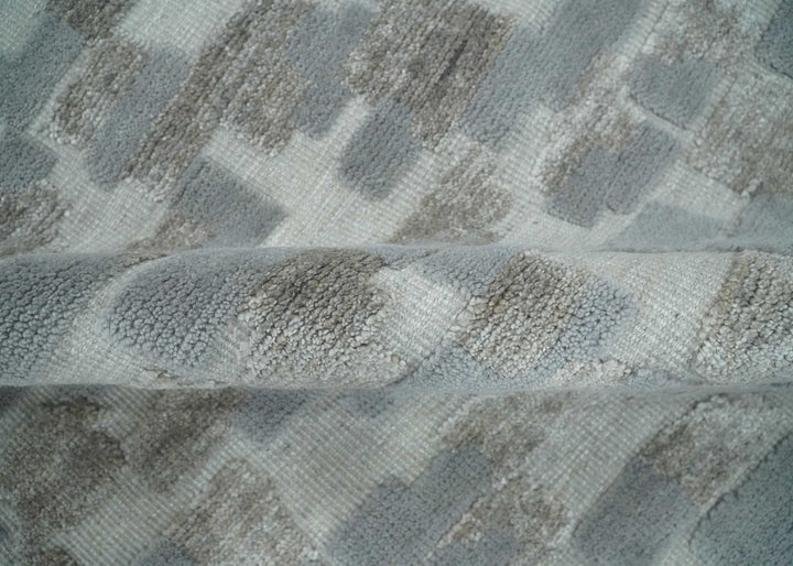Hand carved Silver, Gray and Brown Traditional Geometrical Pattern Hand Knotted 8x10 and 9x12 Wool and Silk Area Rug - The Rug Decor